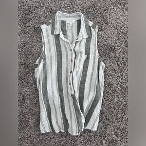 Time and Tru Striped White & Olive Button Down Sleeveless Shirt Size Small (4-6)